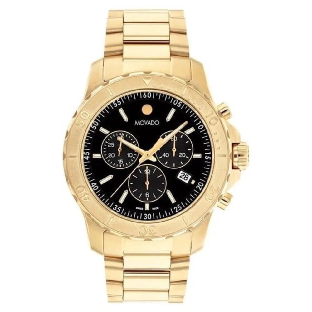 MOVADO ACTIVE SPORT CHRONOGRAPH 2600203 BLACK DIAL GOLD BRACELET 42MM MENS WATCH